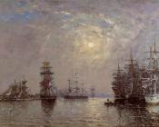 尤金 布丹 : Le Havre, European Basin, Sailing Ships at Anchor, Sunset